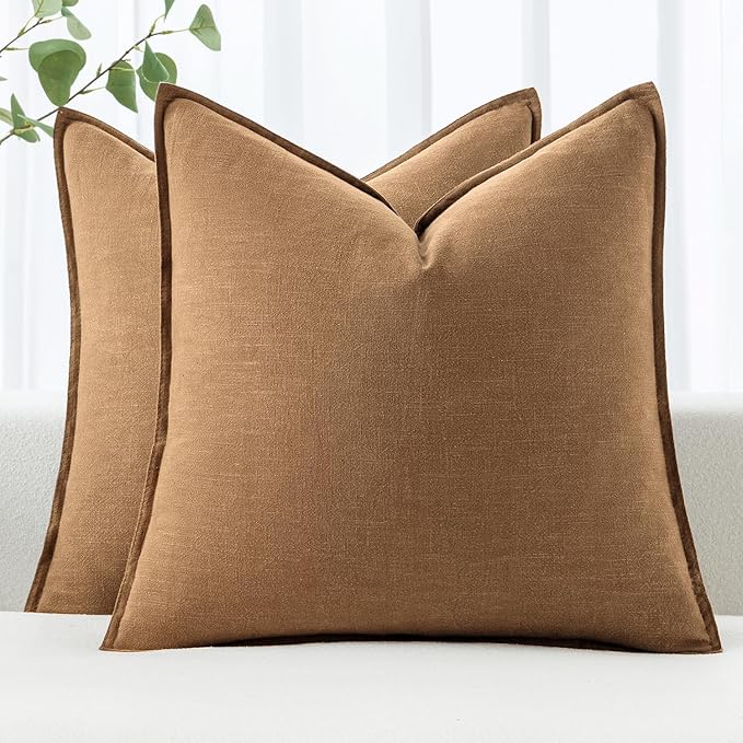 MIULEE Decorative Linen Pillow Covers 16x16 Inch Brown | Boho Farmhouse Fall Autumn Couch Throw Pillows for Bed, Pack of 2 Accent Modern Pillowcases, Sofa Livingroom Home Decor