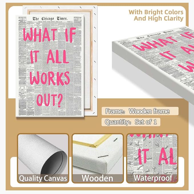 Drimiler What If It All Works Out Poster Retro Newspaper Pink Font Canvas Wall Art Positive Affirming Quote Minimalist Prints Painting For Home Bedroom Dorm Wall Decor 16x24in Wframed