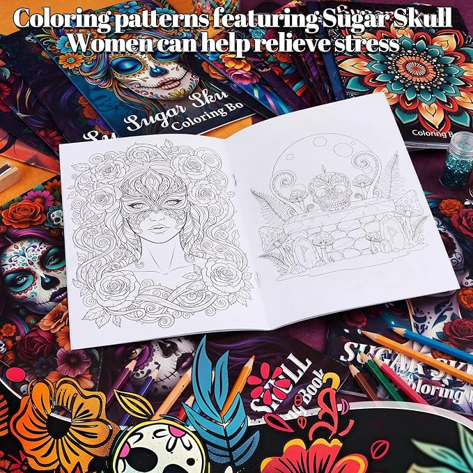 Liliful 24 Pcs Sugar Skull Themed Coloring Book Bulk for Adults Intricate Day of the Dead Art Coloring Books with Floral Skull & Ornate Designs for Party Favors Goodie Bag Fillers & Creative Gifts