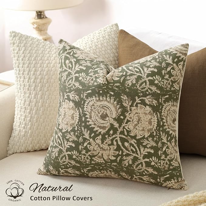 Vintage Floral Print Throw Pillow Covers 16x16 Set of 2 Neutral Modern Farmhouse Accent Decorative Cushion Covers Boho Home Decor for Couch Sofa Chair Bed Living Room, Olive Green