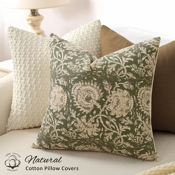 Vintage Floral Print Throw Pillow Covers 22x22 Set of 2 Neutral Modern Farmhouse Accent Decorative Cushion Covers Boho Home Decor for Couch Sofa Chair Bed Living Room, Olive Green