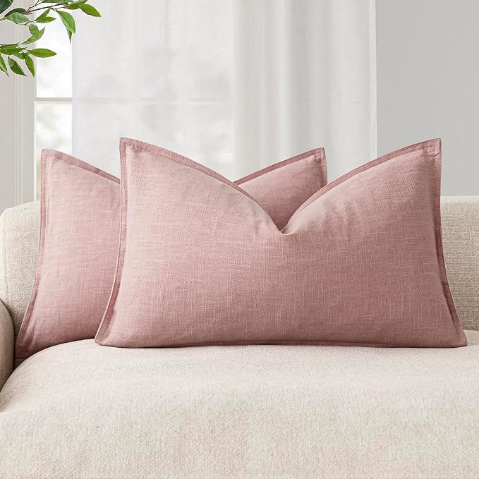 Foindtower Pack of 2, Decorative Linen Solid Throw Pillow Covers Accent Lumbar Cushion Case Farmhouse Pillowcase for Chair Couch Sofa Bedroom Living Room Home Decor 12 x 20 Inch Rose Pink