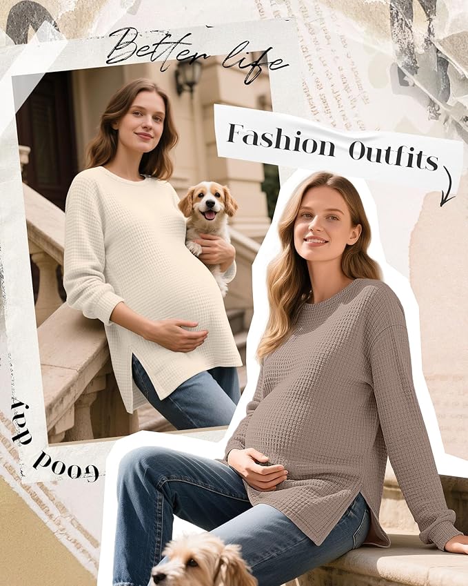 3 Pack Women's Maternity Shirts Long Sleeve Waffle Knit Side Split Oversized Tops Pregnancy Clothes Fall Tees