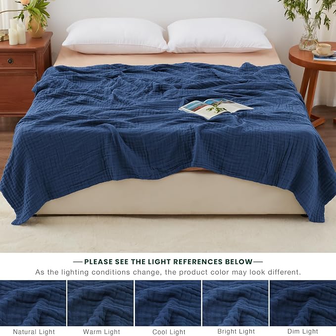 Love's cabin 100% Cotton Muslin Blanket, 6 Layer Lightweight Breathable Gauze Queen Size Blanket 90 x 90 Inches, Soft All Season Blanket for Bed, Dark Blue