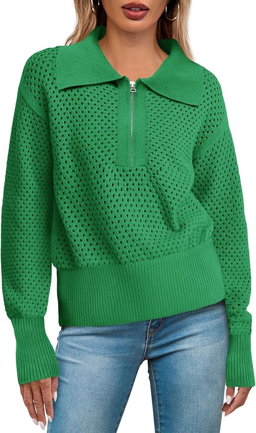 Doshoop Womens Summer Crochet Sweaters Long Sleeve Hollow Out Knit Half Zip Lapel Collar Pullover Tops