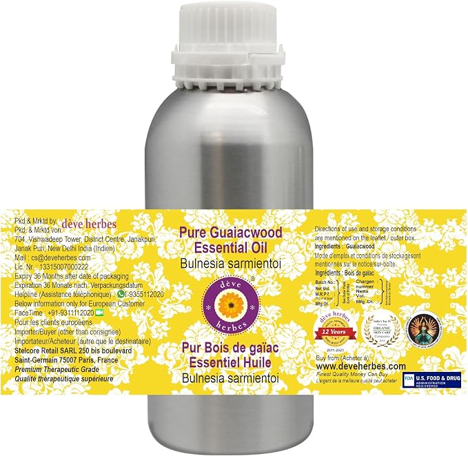 dève herbes Guaiacwood Essential Oil (Bulnesia sarmientoi) with Glass Dropper | Pure | Non-Sticky | Non-Greasy | Lightweight | Men & Women | All Skin Types | Steam Distilled 100ml (3.38 oz)