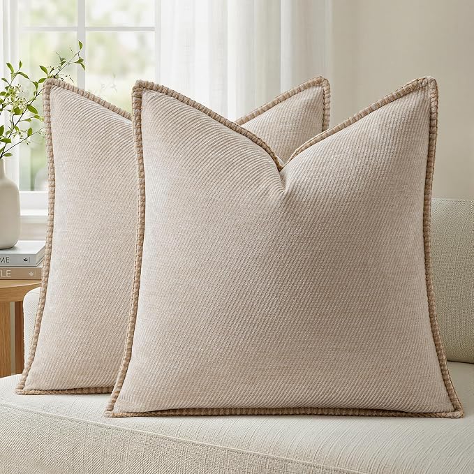 a moment Pack of 2 Decorative Chenille Throw Pillow Covers with Twill Cushion Covers for Sofa Living Room Couch Bed 16x16 Inch,Crafted Border Beige