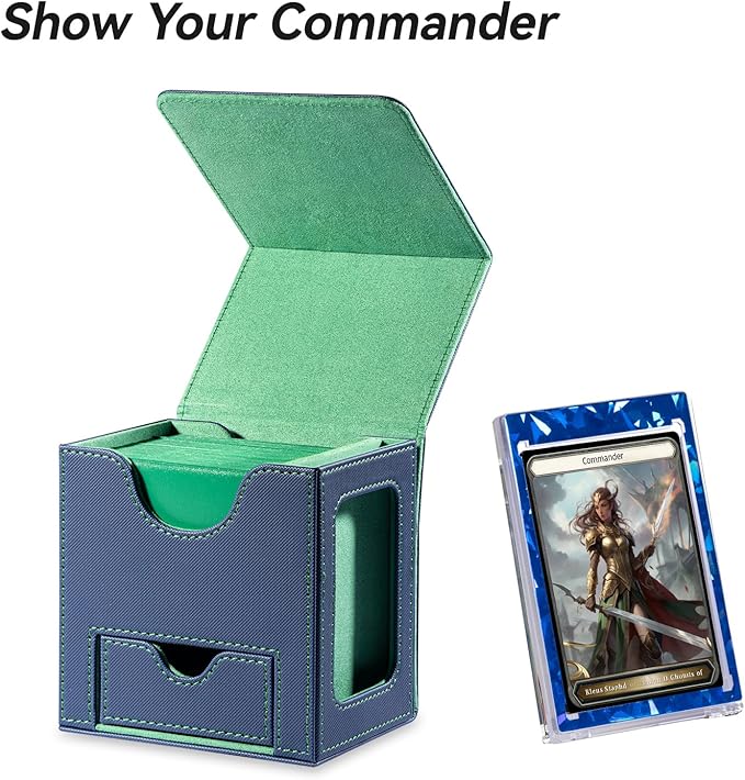 Mage Tech Card Deck Box for MTG Commander - Patented Design, Commander Display, Fits 100 Double-Sleeved Cards, 35pt Card Brick & Dice Tray - Blue/Green