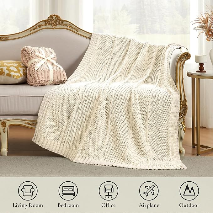 Knit Throw Blanket, Soft Chenille Cozy Breathable Chevron Chunky Decorative Blanket for Couch, Bed & Sofa, French-Inspired Lightweight Warm Gift for Women, Ivory, 60"x80"