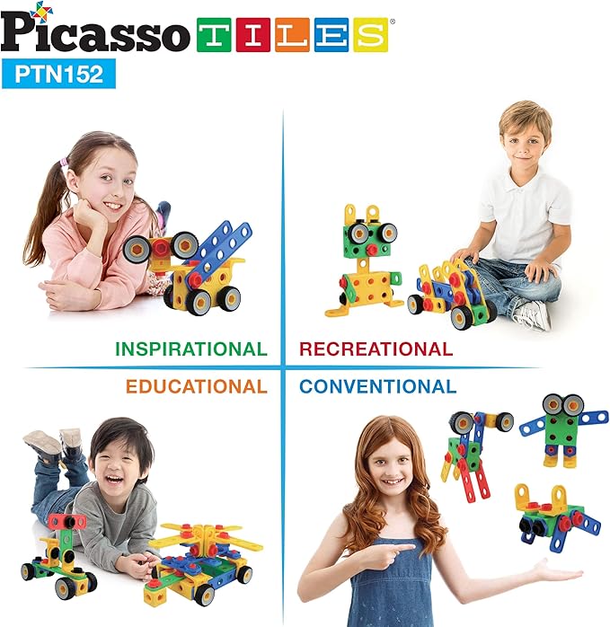 PicassoTiles 152pc STEM Construction Toy Building Set for Kids Ages 3+ Includes Power Drill, Ratchet, Idea Book, Storage Box Educational Engineering Science Kit & Sensory Toys for Boys & Girls PTN152