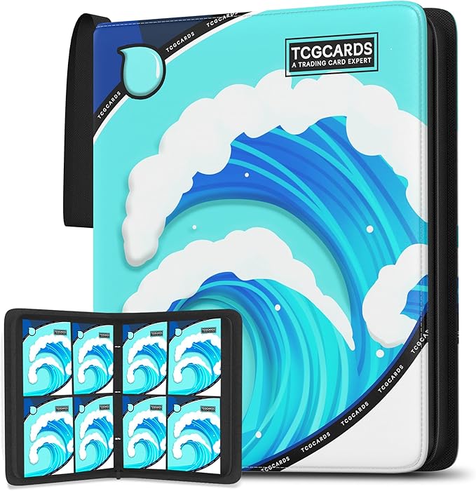 Trading Card Binder 4 Pocket,Card Binder 400 Pockets,Card Book Holder Cards with 50 Removable Sleeves,3-Ring Zip Design MTG/TCG/Sport Collectible Trading Card Albums Gifts for Boys and Girls(Water)