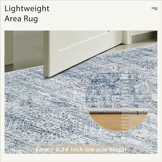 Soalmost 5x7 Area Rugs Blue Low Pile Washable Trendy Faded Style Rug | Vintage Non-Slip Indoor Accent for Bedroom Dining, Foldable Stain Resistant Floor Carpet Mat Under Table Home Office Decor