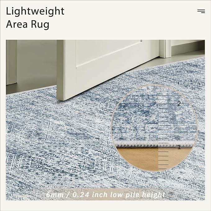Soalmost 6x9 Area Rug for Living Room Washable Rugs Non-Slip Blue | Low-Pile Vintage Carpet for Dining Bedroom, Foldable Thin Stain Resistant Floor Mat Under Table Home Office Nursery Decor