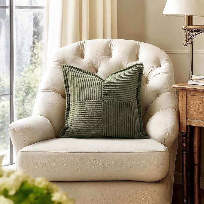 MIULEE Olive Green Corduroy Decorative Euro Sham Pillow Covers 24x24 Inch with Splicing Set of 2 Soft Boho Pillow Covers Broadside Textured Summer Pillowcases for Couch Bed Livingroom