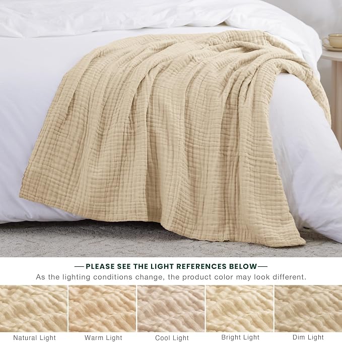Love's cabin 100% Cotton Muslin Blanket, 6 Layer Lightweight Breathable Gauze Throw Blanket 50 x 60 Inches, Soft All Season Blanket for Couch, Bed, Sofa, Khaki