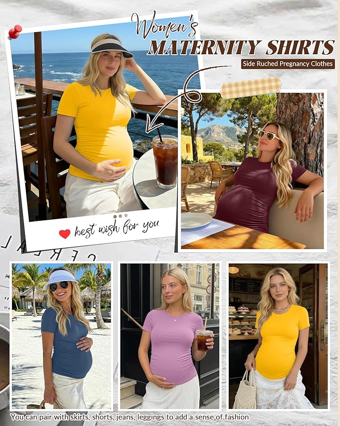 Huukeay 4 Pack Women's Maternity Shirts, Crew Neck Maternity Top Short Sleeve Casual Cotton Tee Side Ruched Pregnancy Clothes