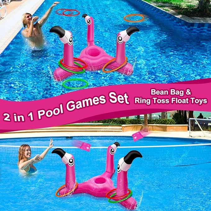 [ Bean Bag & Ring Toss ] Inflatable Flamingo Pool Toys Games Set 2-in-1 Floating Pool Rings Toss & Cornhole Summer Swimming Hawaii Luau Party Water Game for Adults Beach Backyard