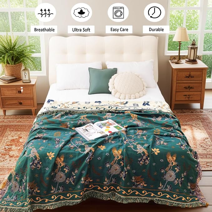 VANJOROY Boho 100% Organic Cotton Muslin Large Throw Blanket 60" x 80" - All Season Rustic Ultra Soft Breathable Floral Bird Blanket for Bed Sofa Couch Chair Bedspread Quilt Gift,-Teal/Green
