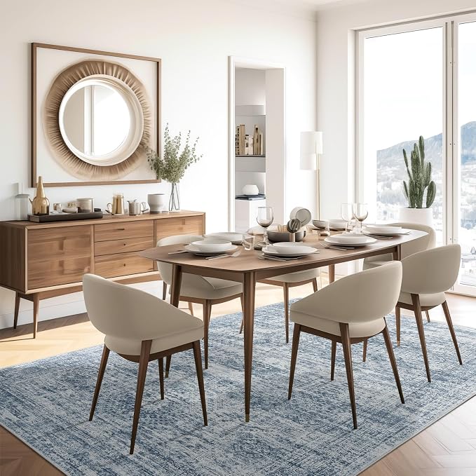 Soalmost Washable Area Rug 8x10 Large Soft Blue Rugs for Living Room | Vintage Non-Slip Carpet for Dining Bedroom, Stain Resistant Low Pile Foldable Lightweight Floor Mat Under Table Home Decor