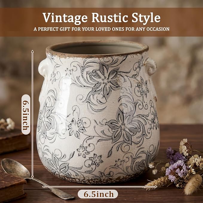 Ceramic Scroll Planter 6.5 Inch Chinoiserie Floral Vase with Drainage Holes Vintage Flower Vase Flower Pot Rustic Ceramic Pots for Indoor Plants Garden Home Bookshelf Decor(Gray Camellia)