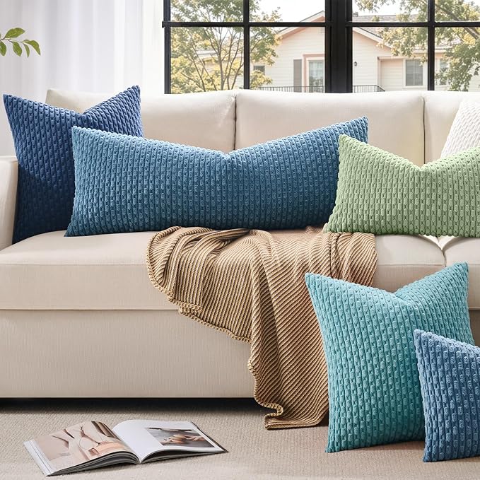 Kevin Textile Soft Corduroy 16"x24" Lumbar Pillow Cover 1 Pack, Blue | Boho Stripe Plush Corduroy Decorative Oblong Cushion Cover Modern Farmhouse Home Decor for Sofa Couch Bed Chair