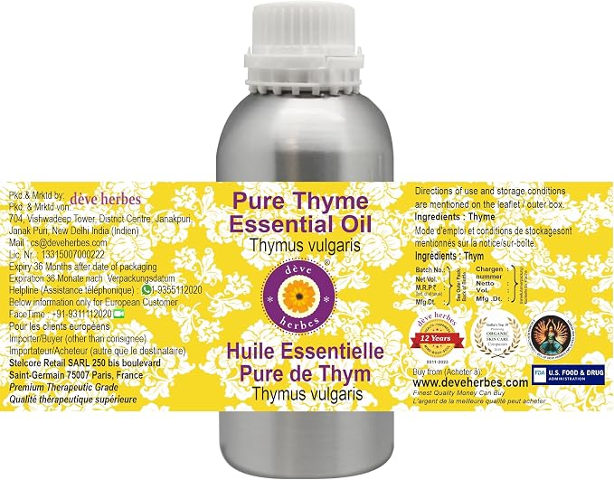 Deve Herbes Pure Thyme Essential Oil (Thymus vulgaris) Steam Distilled 630ml (21 oz)
