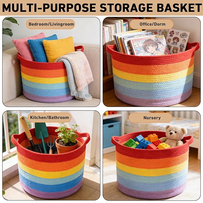 90L Large Blanket Basket,Rope Woven Laundry Basket-Rainbow | Collapsible, reinforced handles, nursery storage bin organizes clothes, toys and pillows for living room, bedroom bathroom