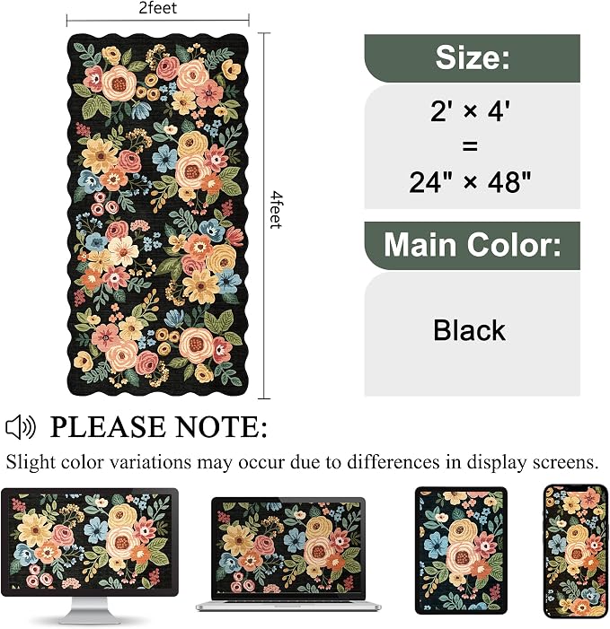 DUKINO 2x4 Rug for Entryway, Floral Washable Kitchen Rugs Non Slip, Black | Soft, Low Pile, Stain Resistant Throw Runner Rug for Hallway, Bedroom, Bathroom, Laundry, Pet Friendly, Modern Home Decor