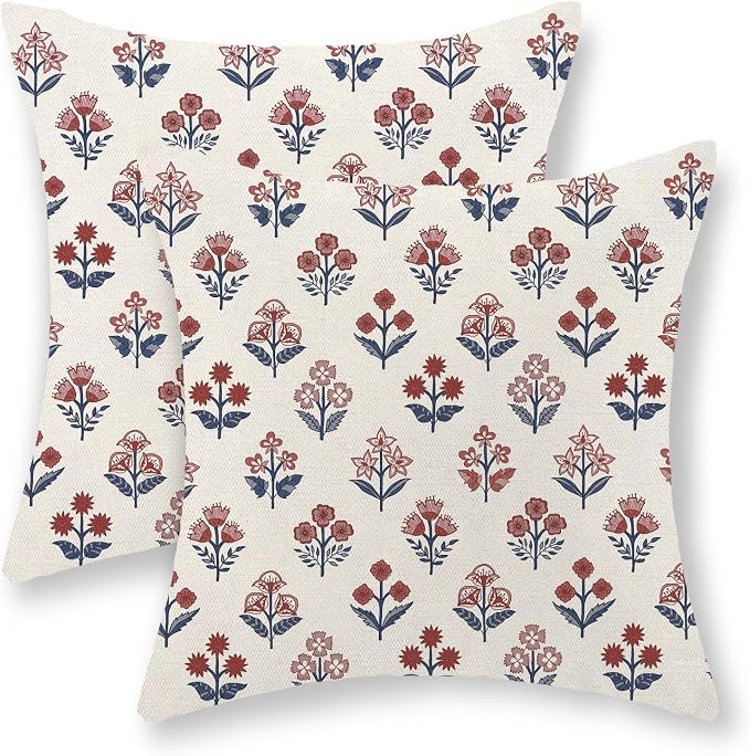 Red Blue Pillow Covers 20x20 Inch Set of 2 Patriotic 4th of July Throw Pillows Vintage Flower Boho Block Print Floral Decorative Pillow Cases Outdoor Linen Cushion Cover for Couch Sofa Decor