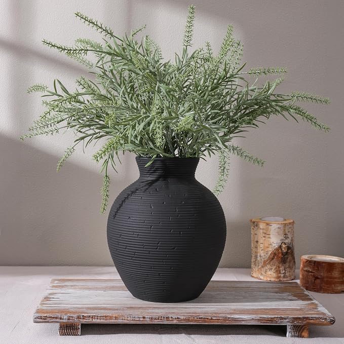 Ceramic Flower Vase Home Decor, 7.4 in Farmhouse Table Vases Retro Vintage Living Room Kitchen Bedroom Decoration Pottery Decorative Vases for Flowers House Shelf Office Desk Dining Entryway, Black