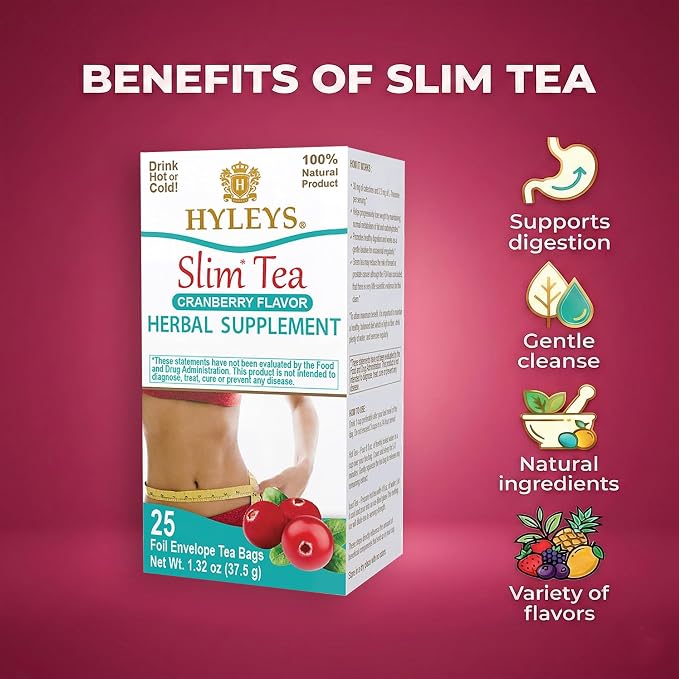 Hyleys Slim Tea Cranberry Flavor - Weight Loss Herbal Supplement Cleanse and Detox - 25 Tea Bags (1 Pack)