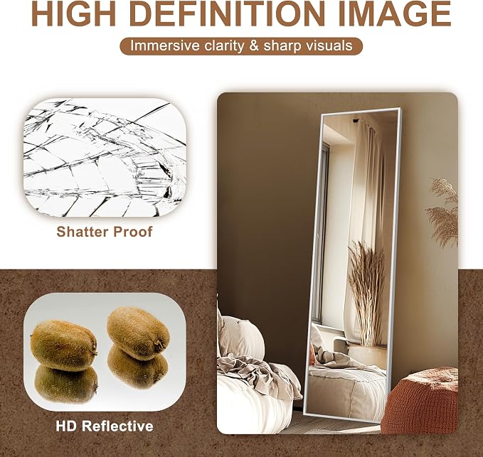 Delma Full Length Mirror,Large Floor Mirror with Aluminum Frame for Bedroom, Bathroom, Living Room,Wall Mount or Freestanding Design, Silver, 56" L x 15" W x 1Pcs