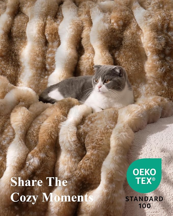 Ultra Soft Cozy Faux Fur Throw Blanket, Fuzzy Plush Thick Bubble Blanket, Oversize Luxury Fluffy Blanket for Couch, Bed, Bedroom and Living Room, 60x80 Inches, Tie-Dye Camel