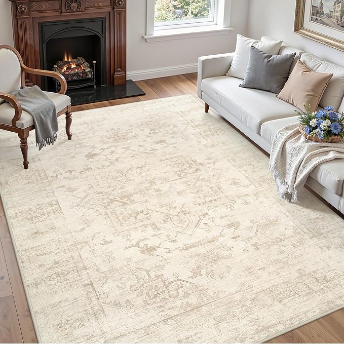 5x7 Area Rugs for Living Room: Vintage Boho Neutral Washable Rug Indoor Soft Large Area Rug Carpet for Bedroom Nursery Farmhouse Dining Room Office Floor Non-Slip Low Pile Under Table Rug Beige/Brown