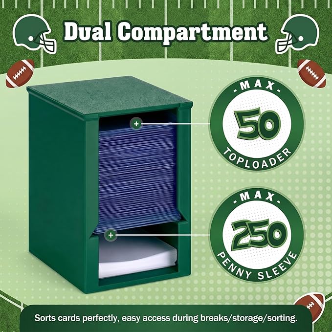 Toploader Dispenser & Penny Sleeve Holder - Dual Compartment Holds 250 Penny Sleeves & up to 50 Top Loaders, Stackable Card Storage Box with Dustproof Lid (Green)