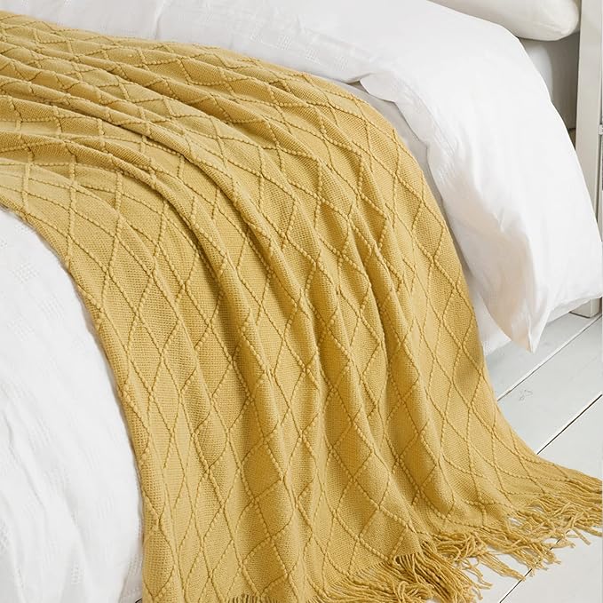 BOURINA Mustard Throw Blanket 50x60 Inch Boho Knit Soft Throw Sofa Blanket | Knitted Throw Blanket 50x60 Inches, Soft Lightweight Boho Weave Throw Decorative Couch Blanket for Living Room Bedroom Chair