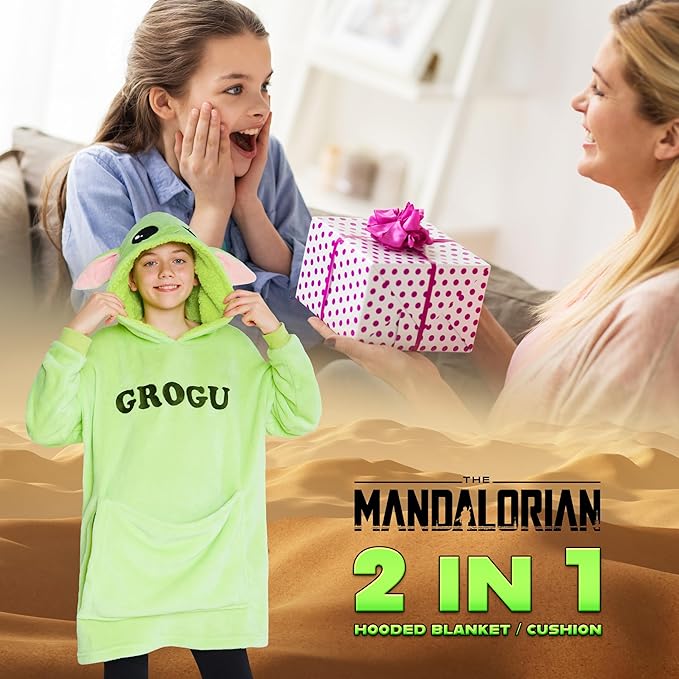Disney Blanket Hoodie for Kids, 2-in-1 Folds into Travel Cushion, Stitch Baby Yoda Maleficent Eeyore, Gifts for Girls Boys