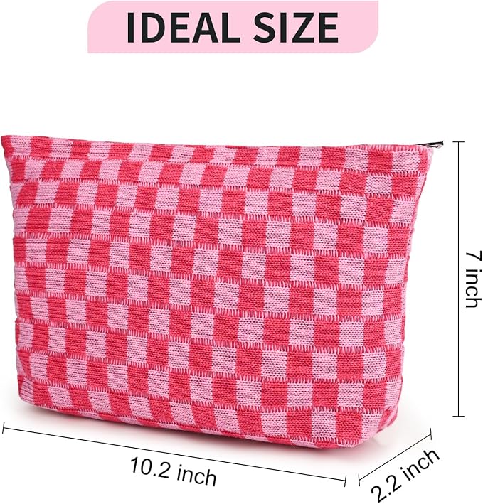 SOIDRAM 2 Pieces Makeup Bag Large Checkered Cosmetic Bag Capacity Canvas Travel Toiletry Bag Organizer Cute Makeup Brushes Aesthetic Accessories Storage Bag for Women, Rose Red checkered