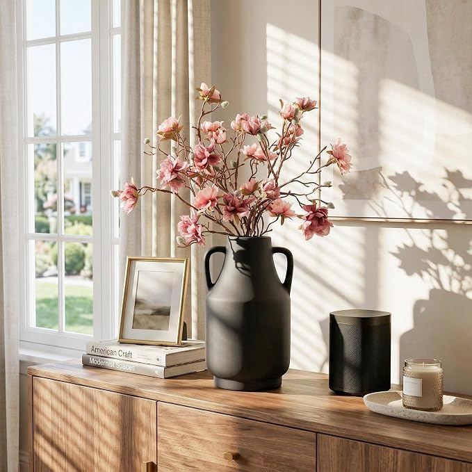 Ceramic Flower Vase with Handles, 11 Inch Tall Rustic Vase, Large Terracotta Pottery Vase for Home Decor, Farmhouse Decorative Vase for Living Room Kitchen Table Shelf Bedroom Decor