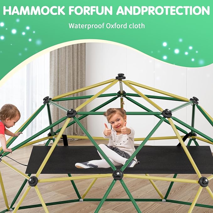 Climbing Dome,10FT Dome Climber with Hammock, Outdoor Jungle Gym for Kids, Supports Jungle Gym up to 1,000 lbs, Rust Resistant, Easy to Assemble, Gift for Kids, Yellow+Blue