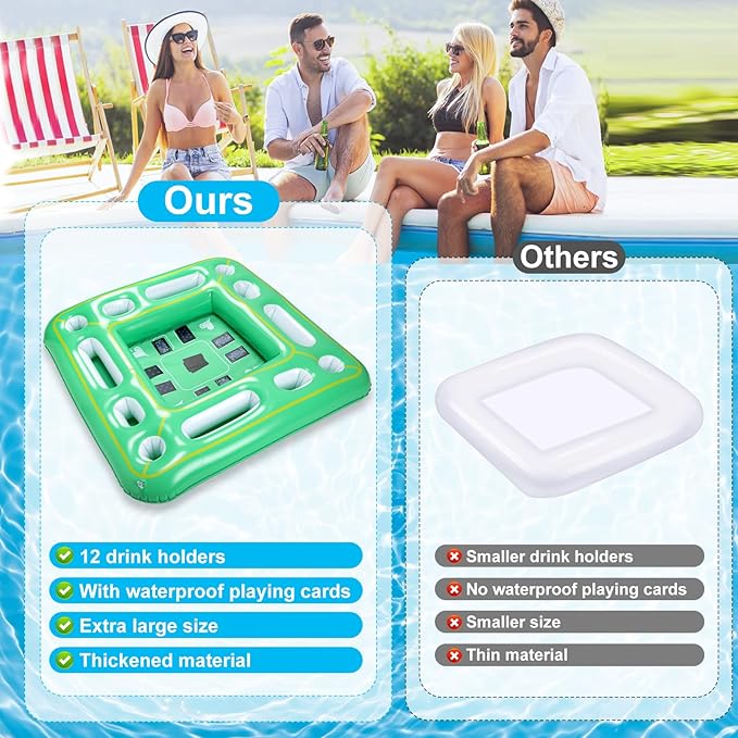 Kaiedos Floating Game Table for Pool - Inflatable Floating Table with Waterproof Playing Cards, 40"x40" Large Pool Float Drinks for Adults, Includes 12 Drink Holders (Green)