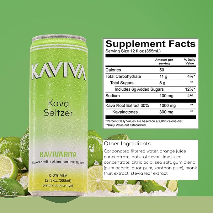 Kaviva | Kava & Seltzer | Relaxation Drink | 50 calories | All Natural | Non-ALC Functional Beverage | Refreshing Alternative | Clean Ingredients
