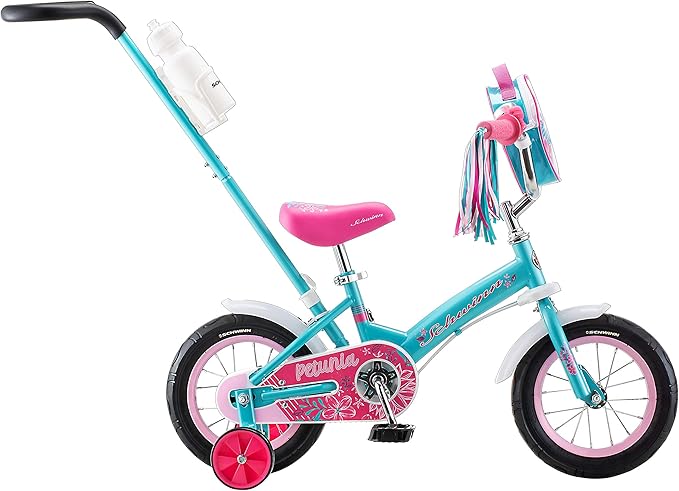 Schwinn Petunia and Grit Bike, 12 Inch Bike for Kids Ages 2-4, Orange, Teal, Pink or Blue, Steerable Beginner Bicycle with Training Wheels, Parent Push Handle, Rear Coaster Brake, Adjustable Seat