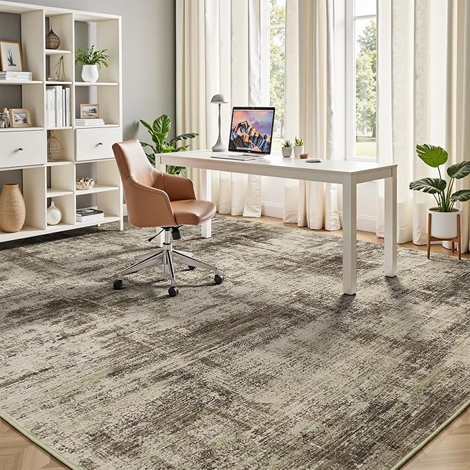 9x12 Area Rug for Living Room, Abstract Washable Non-Slip Large Rugs, Brown | Neutral Carpet for Bedroom, Dining Room, Home Office, Nursery,Indoor, Stain Resistant, Non-Slip, Low Pile, Modern Rug