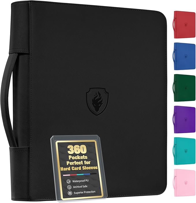Fabmaker Top Load Binder Holds 360 Cards with Hard Card Sleeves, Portable Card Binder with Retractable Handle, Side Loading Trading Card Storage for Collectible Games, Sports Cards, Black