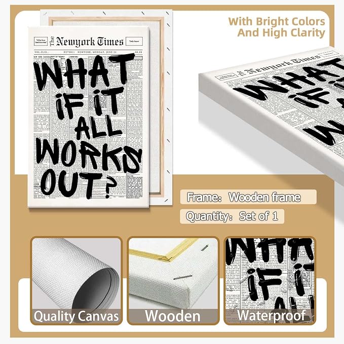 Drimiler Retro Black And White Newspaper Poster What If It All Works Out Canvas Wall Art Positive Affirming Quote Minimalist Prints Painting For Home Bedroom Dorm Wall Decor 12x16in Wframed