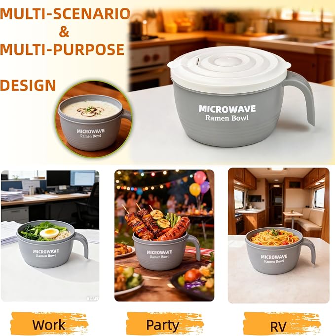 Layron Ramen Cooker Bowl - 45 oz Microwaveable Noodle Bowl Ramen in few Minutes- BPA Free and Dishwasher Safe Set with Chopsticks Perfect for Dorm, Small Kitchen, or Officee (grey)