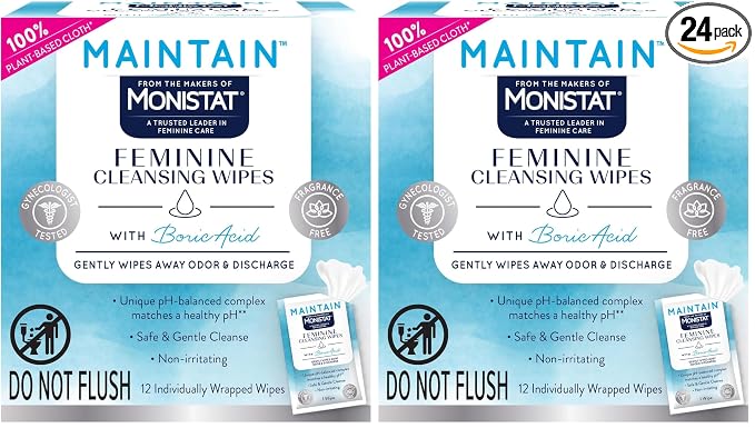 Monistat Feminine Wipes, 12 Ct, Pack of 2 | With Boric Acid | Fragrance Free