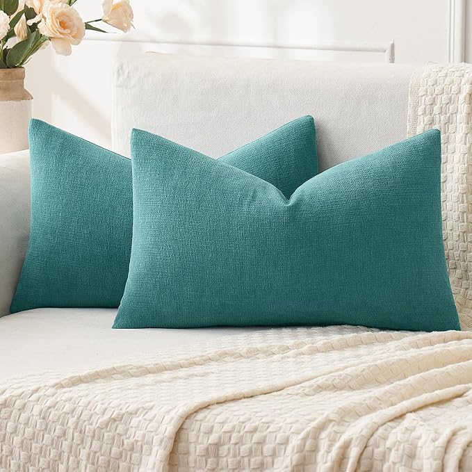 MIULEE Teal Chenille Couch Lumbar Throw Pillow Covers, 12x20 | Set of 2, Soft Coastal Home Decor, Modern Farmhouse Decorative Pillowcases for Sofa Living Room Bed
