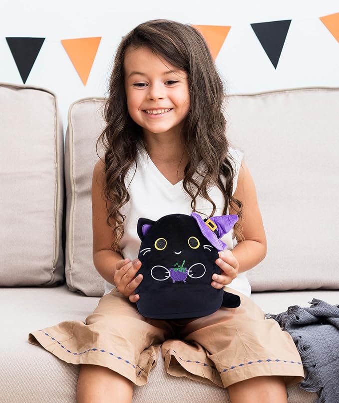 Halloween Stuffed Animal Cat Plush – Cute Halloween Decor Accessory Black Cat Plushie with Witch Hat 10 Inch Holiday Stuffed Animal